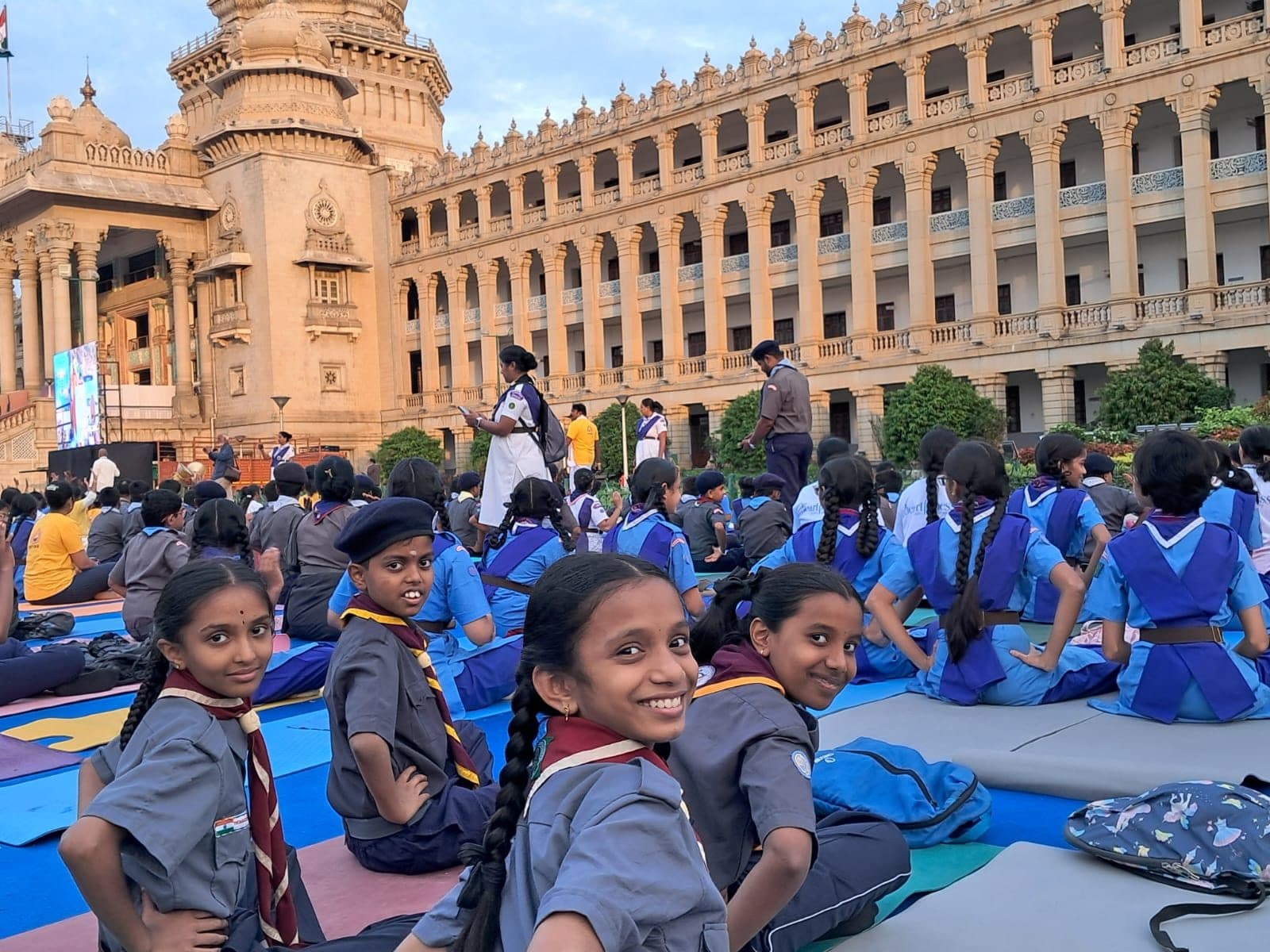 Scouts and Guides at the International Yoga Day event at Vidhana Soudha