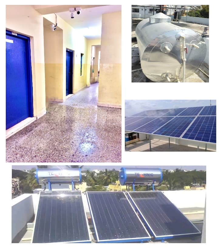 Hostel corridor, overhead water tanks and rooftop solar heaters